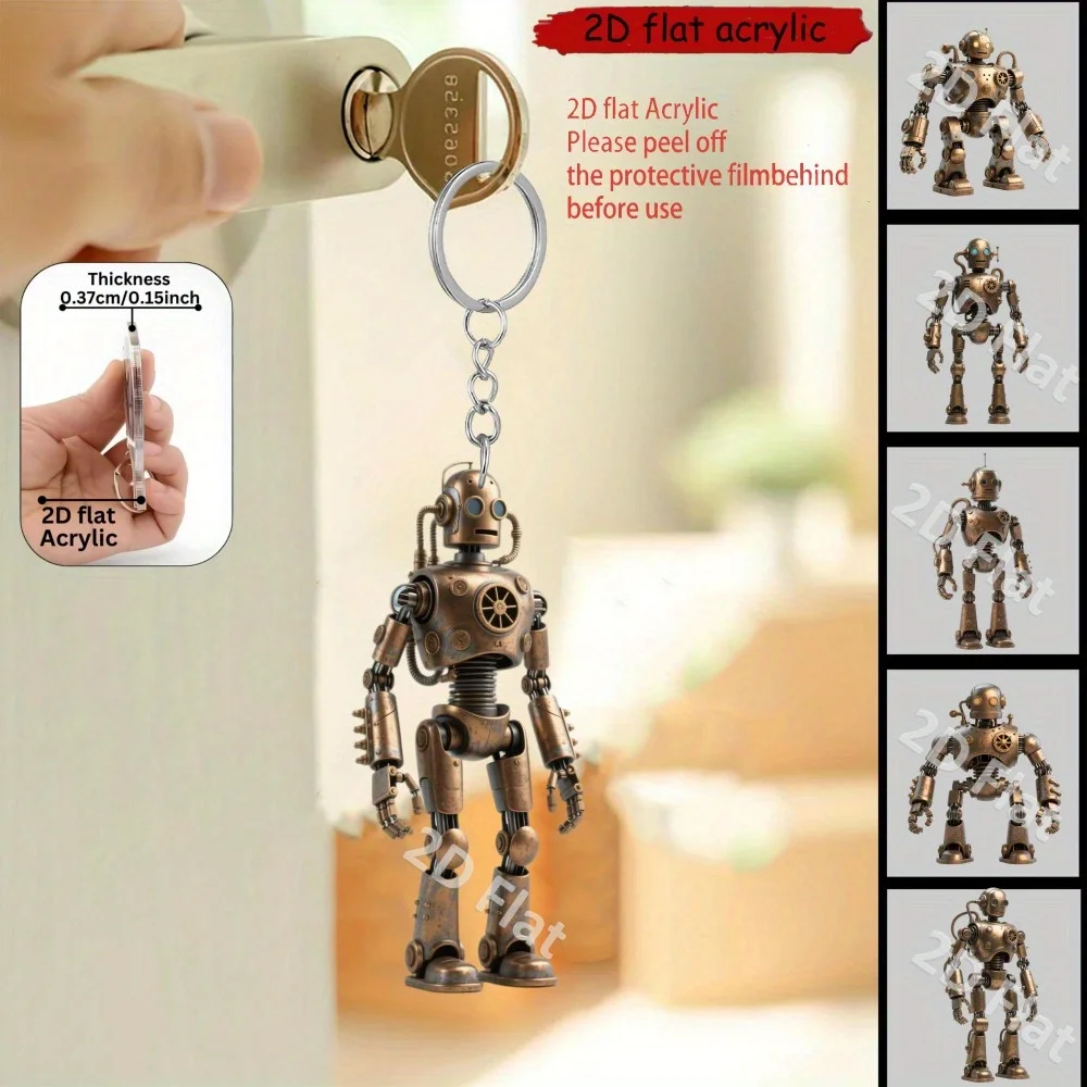 2D Steampunk Robot Keychain Industrial Chic Mechanical Flat Decor for Backpacks Cars Gifts for Robot Lovers Engineers Teens Men