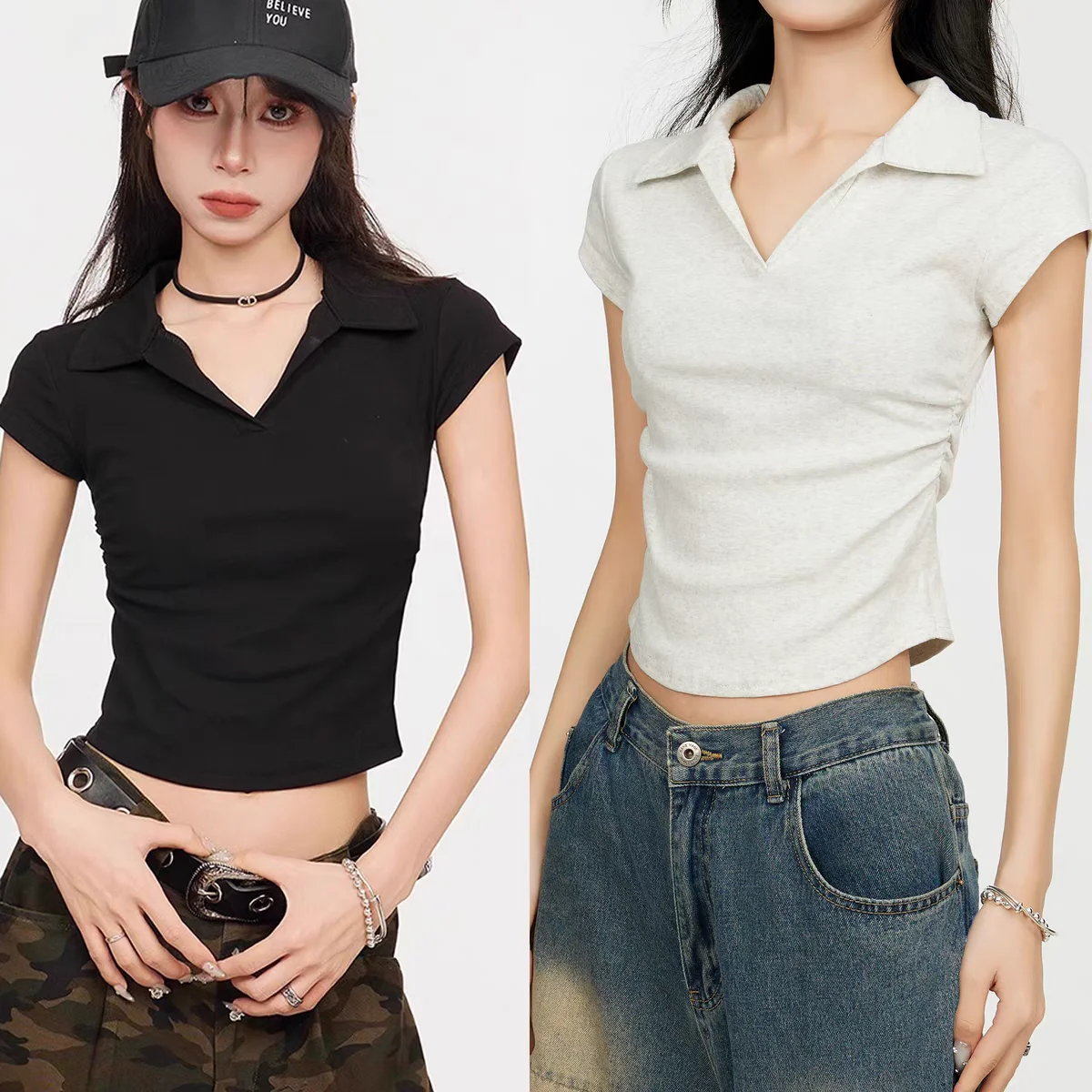 Cotton Summer Sexy Women's T Shirt Skinny Slim Basic Solid Crop Top Short Sleeve Polo TShirtCasual Top Tee for Women - Image 3