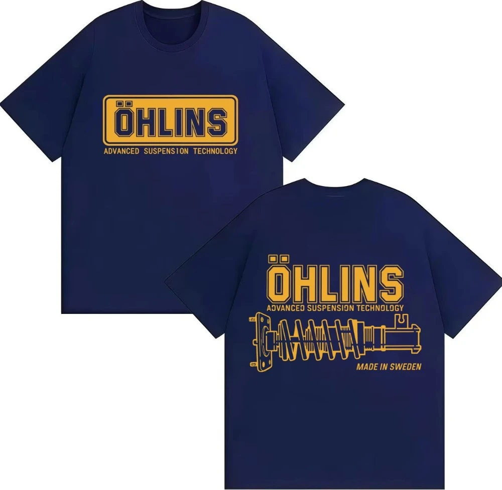 A Stylish and Fun OHLINS Motorcycle Shock Absorber Pattern 2026 Summer New Print Cotton Loose Casual Retro T-shirt Comfortable view 2