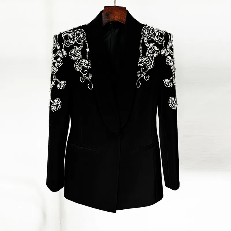 Women 2 Piece Formal Suit Set Rhinestone Beaded Blazer High Slit Mermaid Long Maxi Skirt Evening Outfit