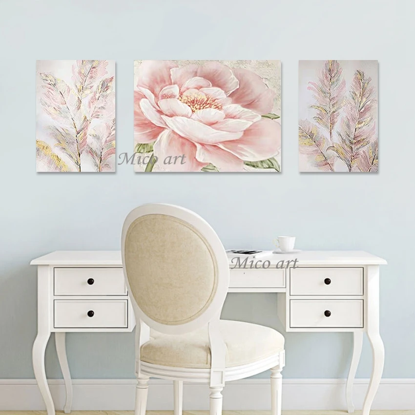 Pink Acrylic Design Flower Hand Drawing, Abstract Plant Scenery Art Paintings, 3PCS Modern Canvas Artwork, Hotel Wall Picture