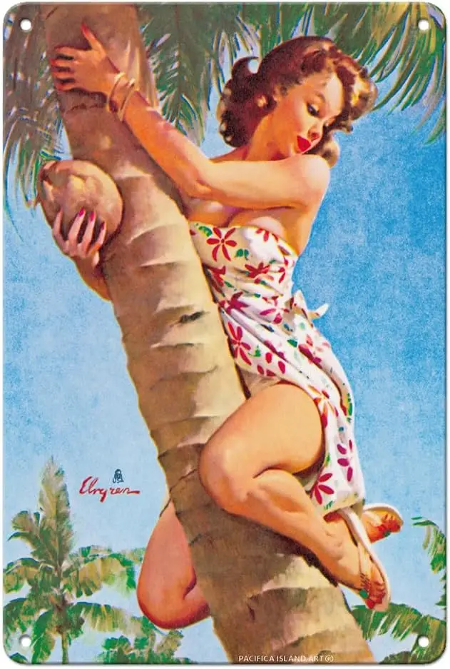 Pacifica Island Art Pick of the Crop - Up a Coconut Tree - Vintage Pin Up Girl Print by Gil Elvgren c.1964-8 x 12 inch Vintage M