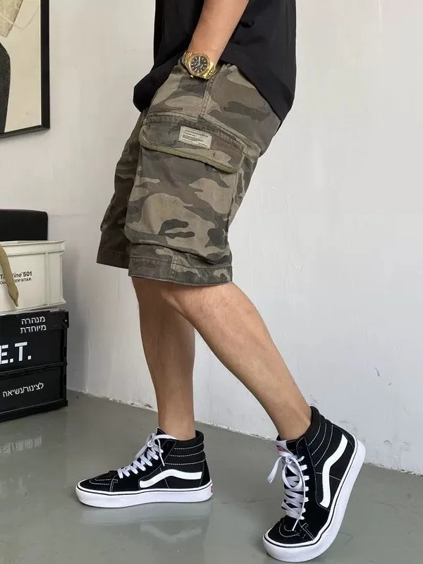 Retro American Men's Outdoor Loose Five-Pocket Sports Camouflage Work Shorts Straight Leg Mid-Pants Summer Fashion Trend