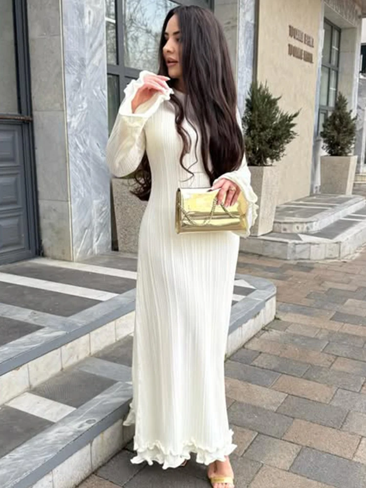 Trendix Knit Elegant Ruffle Maxi Dress Women Summer High Waist Long Sleeve Lace Up Dresses Casual Sexy Backless Knitwear Dress