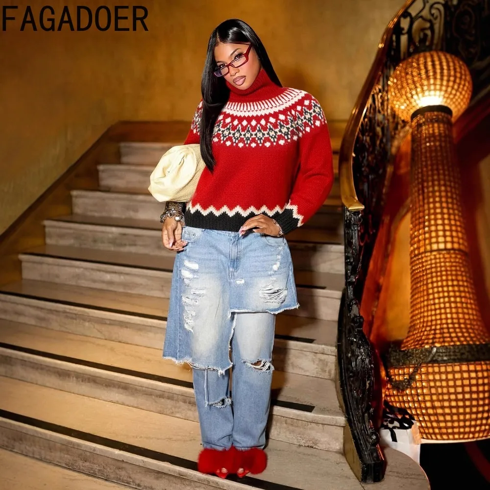 เสื้อไหมพรมแฟชั่นฤดูหนาวลายพิมพ์ใหม่สำหรับผู้หญิง คอสูง แขนยาว สีสันตัดกัน สไตล์สตรีทแวร์