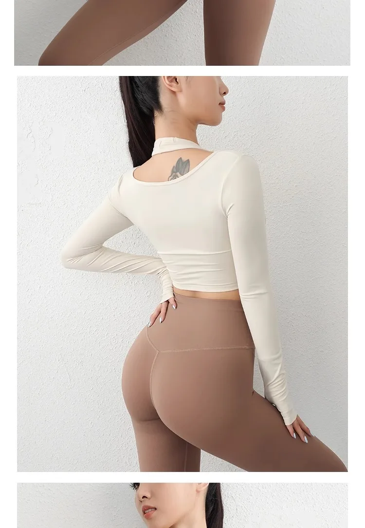 Herbst Sport Damen Oberteile Modische Langarm-Trainings-Tops mit Daumenlöchern Fitness Crop Yoga-Top – Detail 14