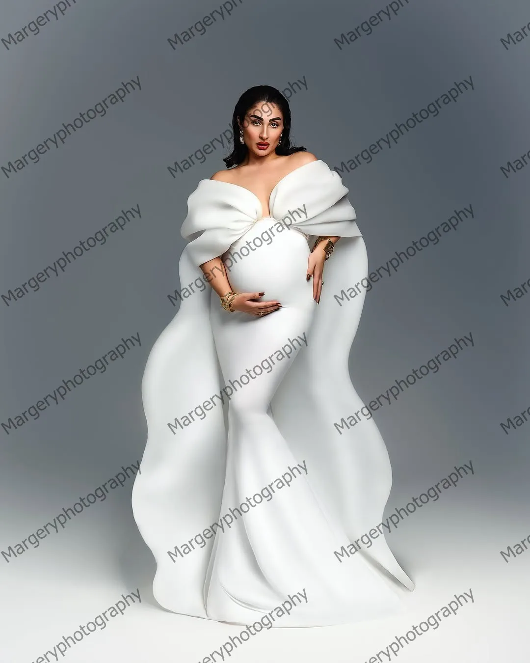 Fora do ombro babados vestido de maternidade moderno em camadas drapeado longo eventos formais vestido para fotografia bonito sereia vestidos de gravidez