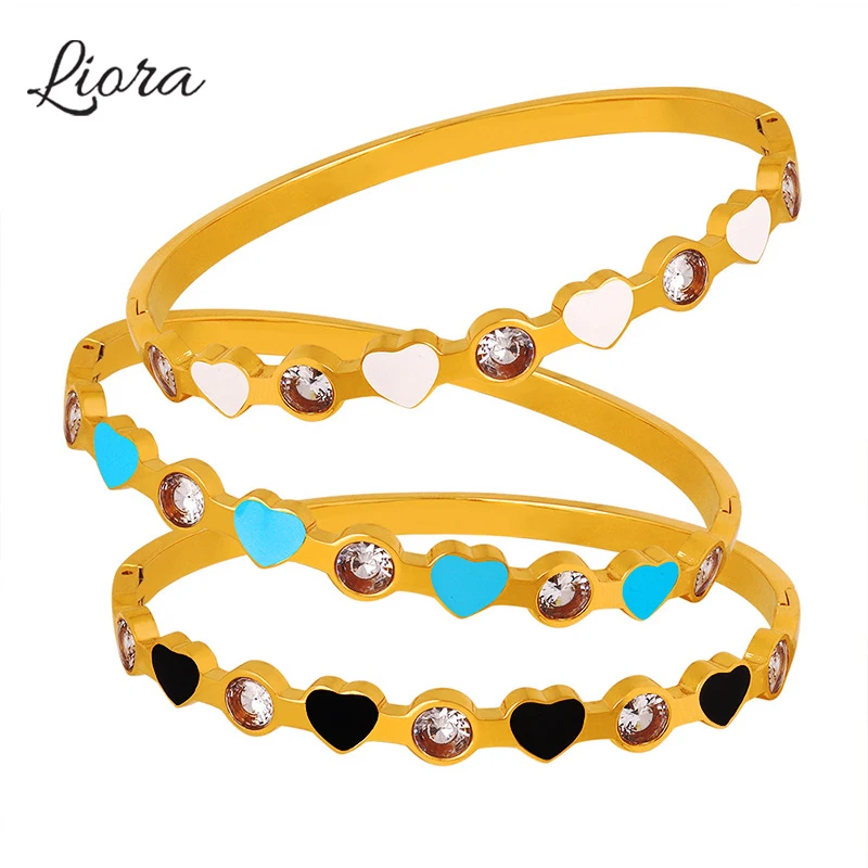 

Liora Trendy Enamel Heart Bangles For Women 316L Stainless Steel Gold Plated Zircon Wrist Women Bracelets Waterproof Jewelry