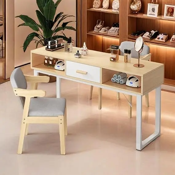 with Storage Drawers Wooden Nail Art Workstation(80x40x78cm) Manicure Table Modern Professional Double Nail Table Station