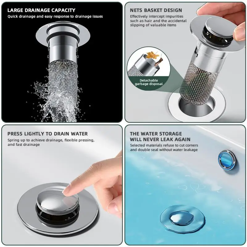 Bathroom Sink Plug Stopper Pop-Up Sink Drain Strainer Plug Universal Basin Core Drain Filter Universal Accessory for Washbasin