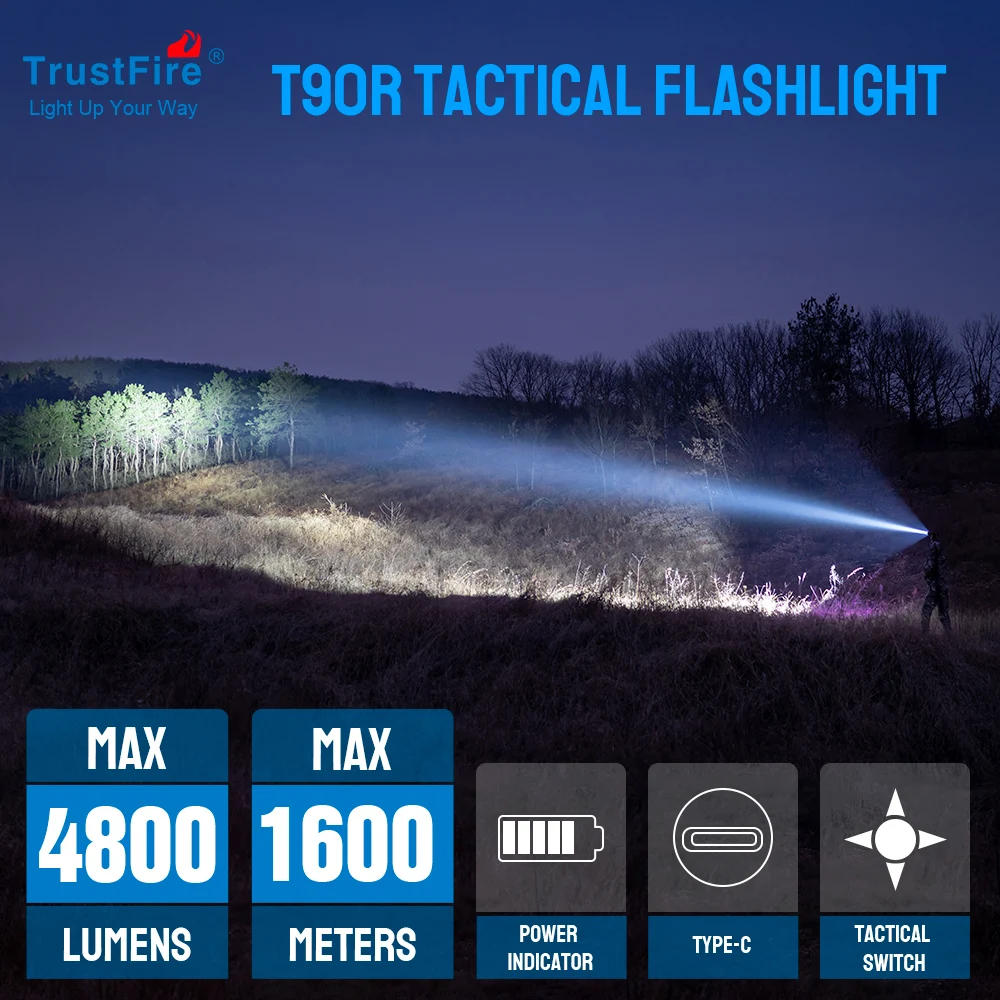 Trustfire T90R Hunting Flashlight Powerful 4800Lumen 1600Meter Led Torch High Power USB C Rechargeable Military Lamp Self-Defens