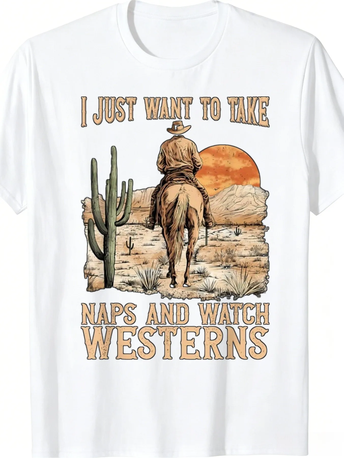 Men'S T-Shirt Western Vintage Style Cow Riding Horse in Desert Print Soft Breathable Blend Casual Crew Neck Tee for Daily Wear Home Napping And Western Movie Fans