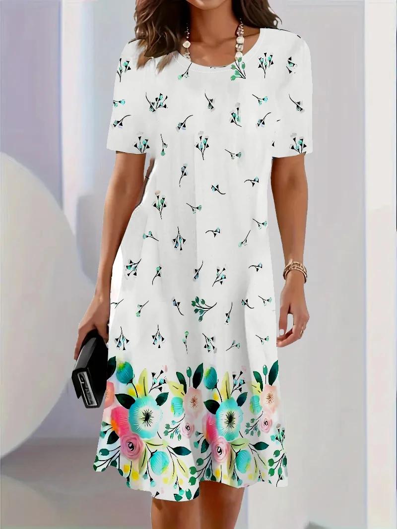 Modieuze bloemenprint gradiënt ronde hals korte mouwen trui T-shirt jurk voor dames retro etnische stijl jurk strandkleding