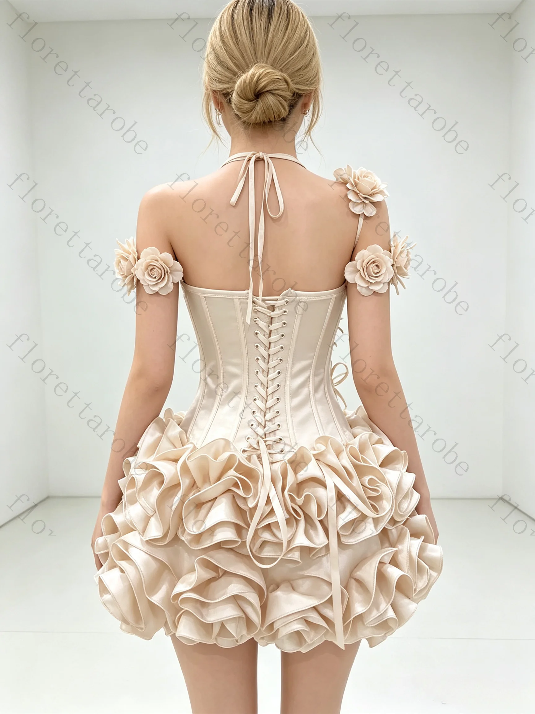 Customized Women Strapless Floral Corset Mini Dress Ruffle Bodycon Bandage Party Outfit for Nightclub Celebration Performance