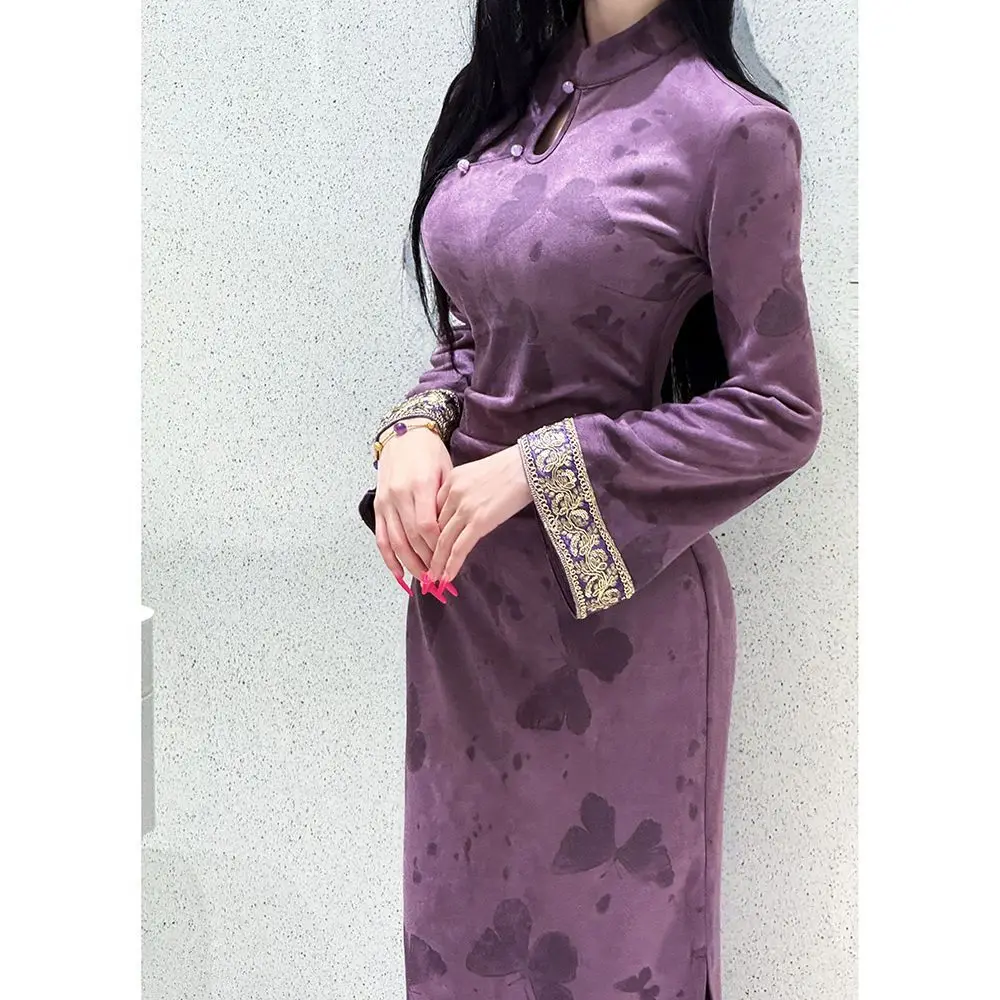 New Chinese Style Purple Buttoned Cheongsam Dress Elegant Chinese Style Dress Women Improved Qipao Satin Hanfu Costume Vestidos