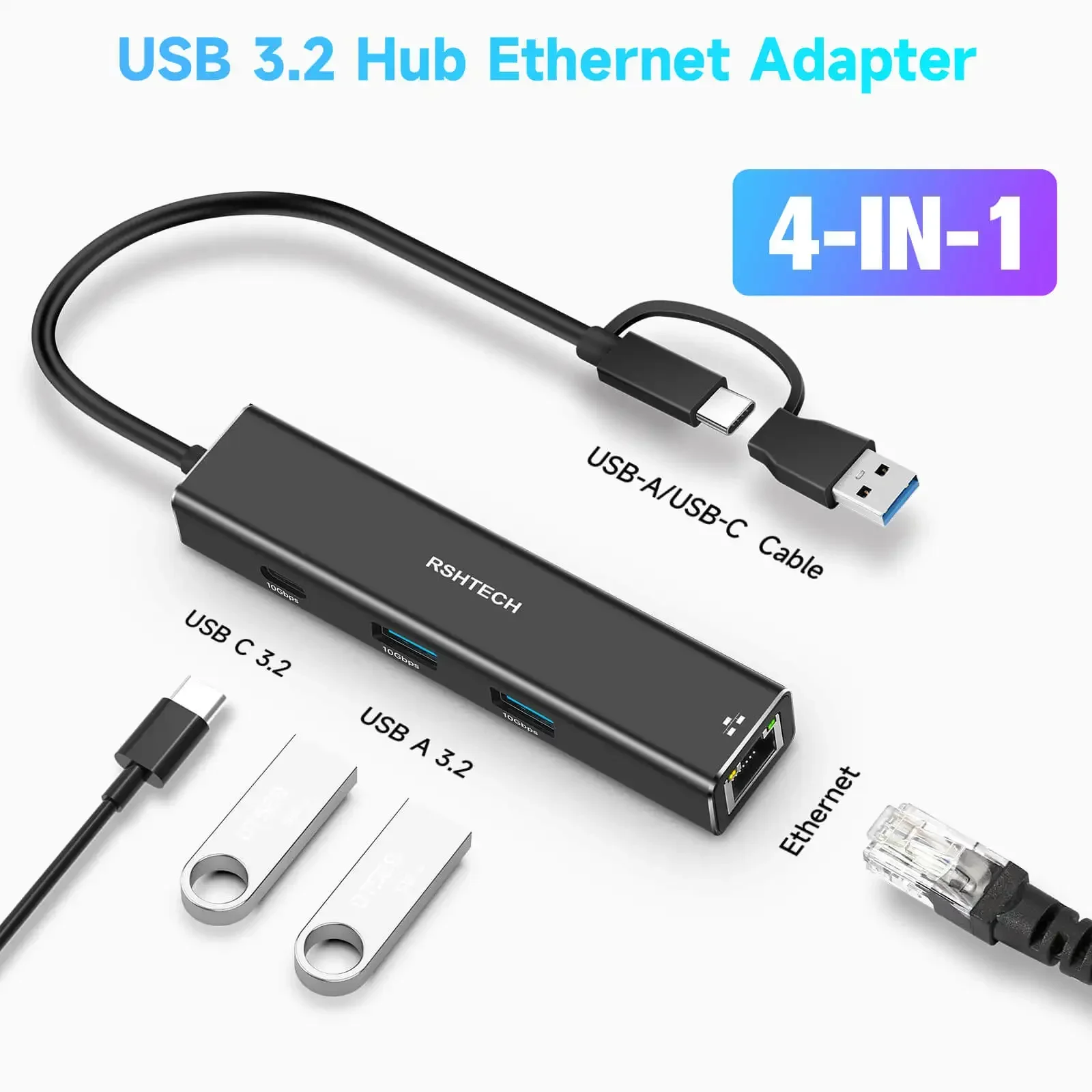 RSHTECH USB C To Ethernet Adapter Aluminum 4-Port 10Gbps Hub with 1000Mbps RJ45 Network Port USB Splitter for MacBook Pro Laptop