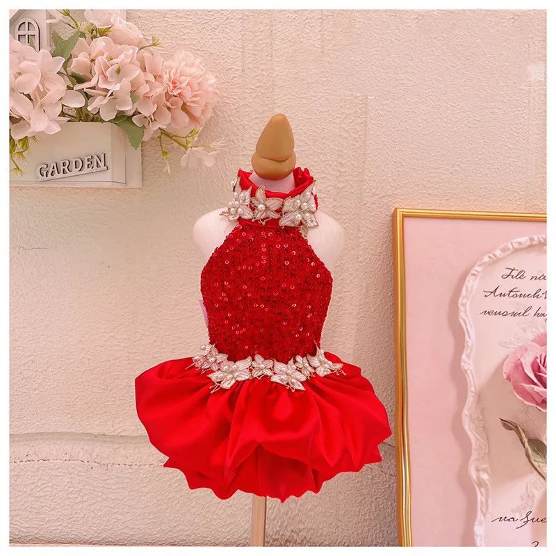 

Red Sequined Luxurious Embroidered Pearl-Dazzled Pet Evening Dress Dogs Ball Dress