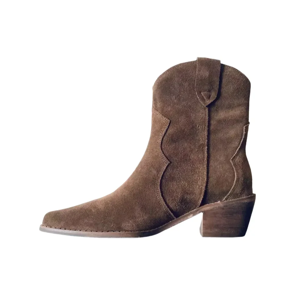 

Womens Chelsea Boots for Spring Autumn Cow Suede Pointy Toe Chunky Heel Stitched Ankle Boots Winter Shoes Woman Western Botas