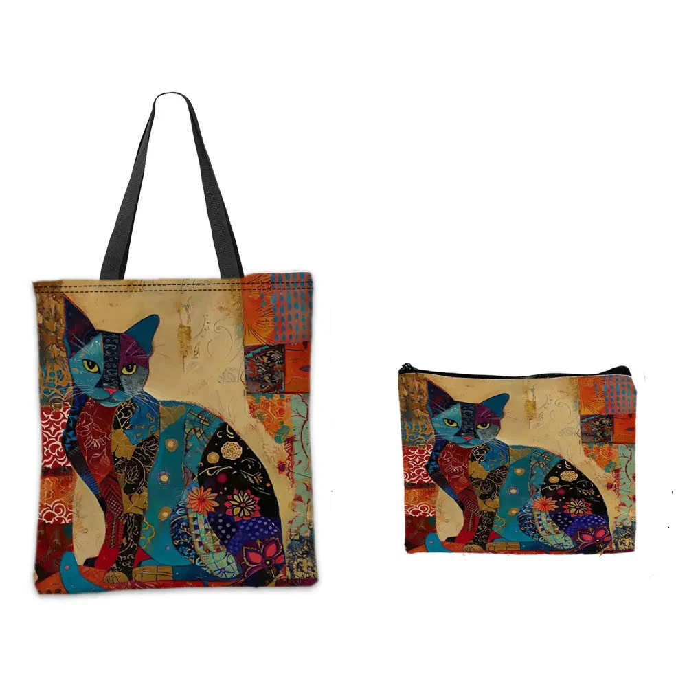 Schicke Retro-Blumen-Katze-Einkaufstasche, ethnischer Stil, Make-up-Tasche, Aufbewahrung, lässiges Einkaufen, Umhängetaschen, Damen-Handtasche, Kulturbeutel – Detail 7