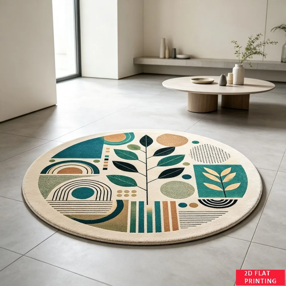 Modern Geometric Patchwork Leaf Block Round Carpet For Contemporary Floor Decor With Yellow Black Blue Abstract Carpet Layout