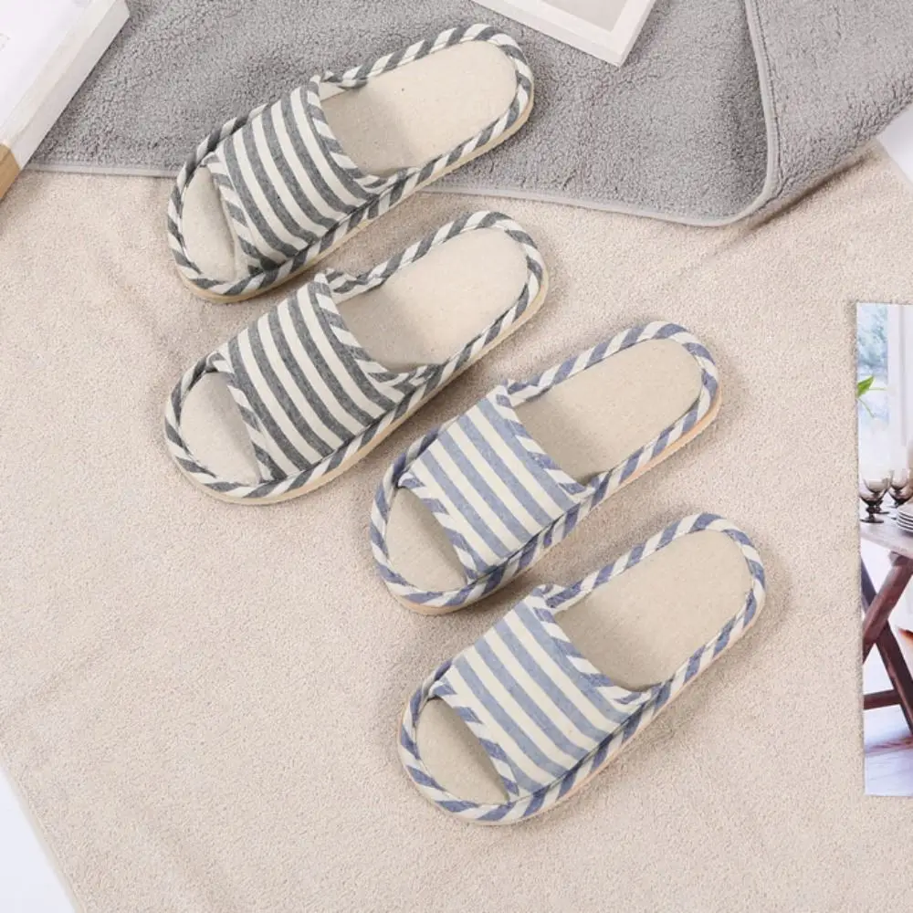 Soft Non-Slip Linen Stripe Slippers Durable Sweat Absorption Indoor Slippers Casual Summer Autumn Soft Home Slippers Indoor