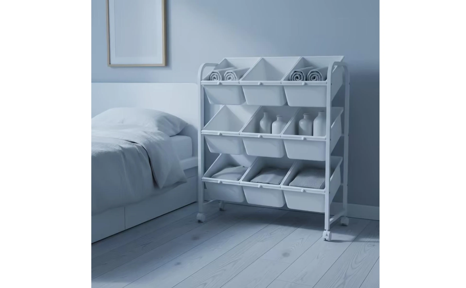 Toy Storage Rack with Bins 3-Tier Rolling Toy Organizer Kids Storage Shelf with Bins Mobile Furniture Wheeled for Parents