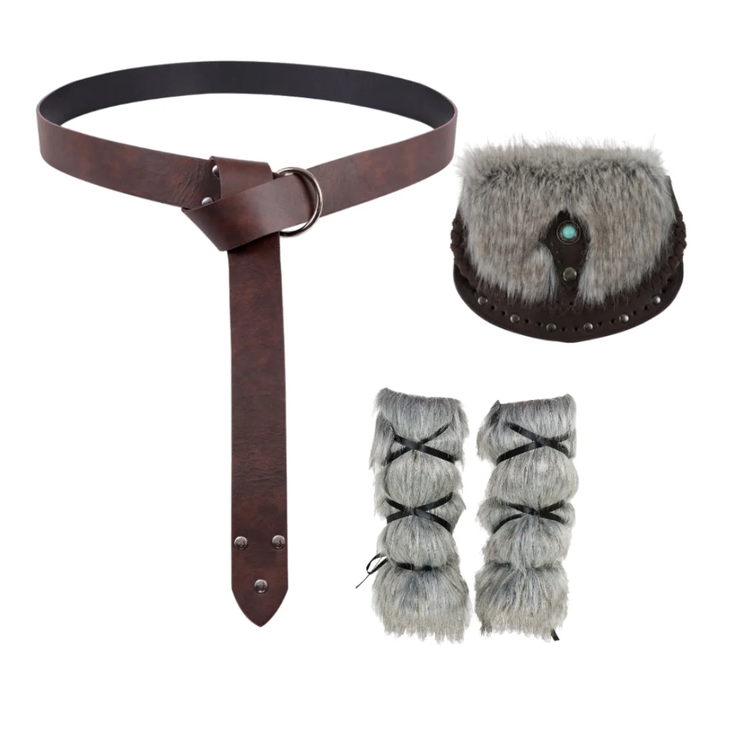 Medieval PU Leather Hairy Legs Waist Belt Bag Set Renaissance Halloween Role-Playing Costume Props for Adults