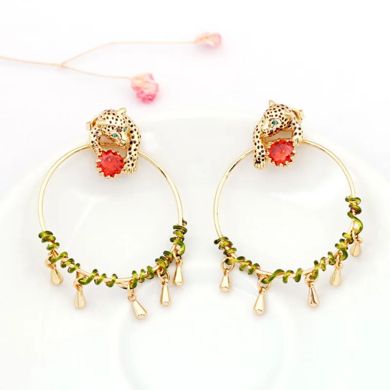 New in Autumn and Winter Tropical, Jungle Series Leopard Enamel Gemstone Gold Plated European American Style Earrings for Women