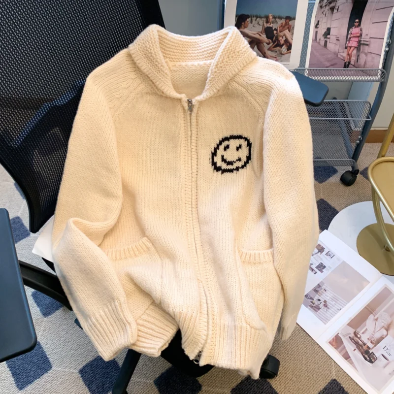 Printing Y2K Beige Hooded Sweater Cashmere Jacket Women's Clothing Knitting Sweater Cardigan Vintage Fashion Autumn Tops