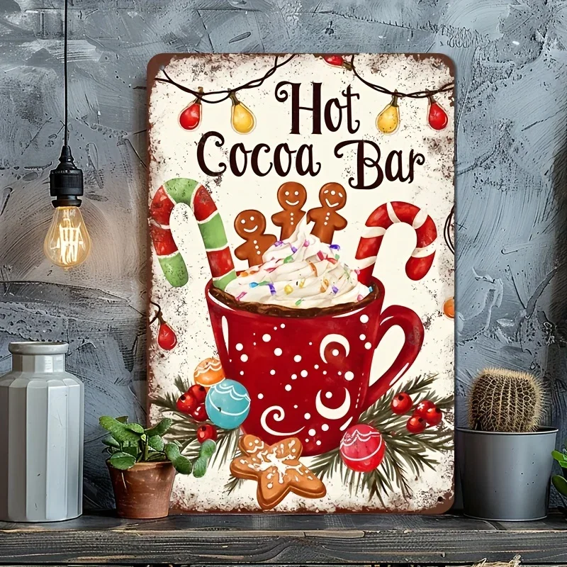 1pc Christmas Hot Cocoa Bar Metal Sign Weather-Resistant Wall Art with Pre-Drilled Holes for Farmhouse, Home, Cafe, Garage Decor