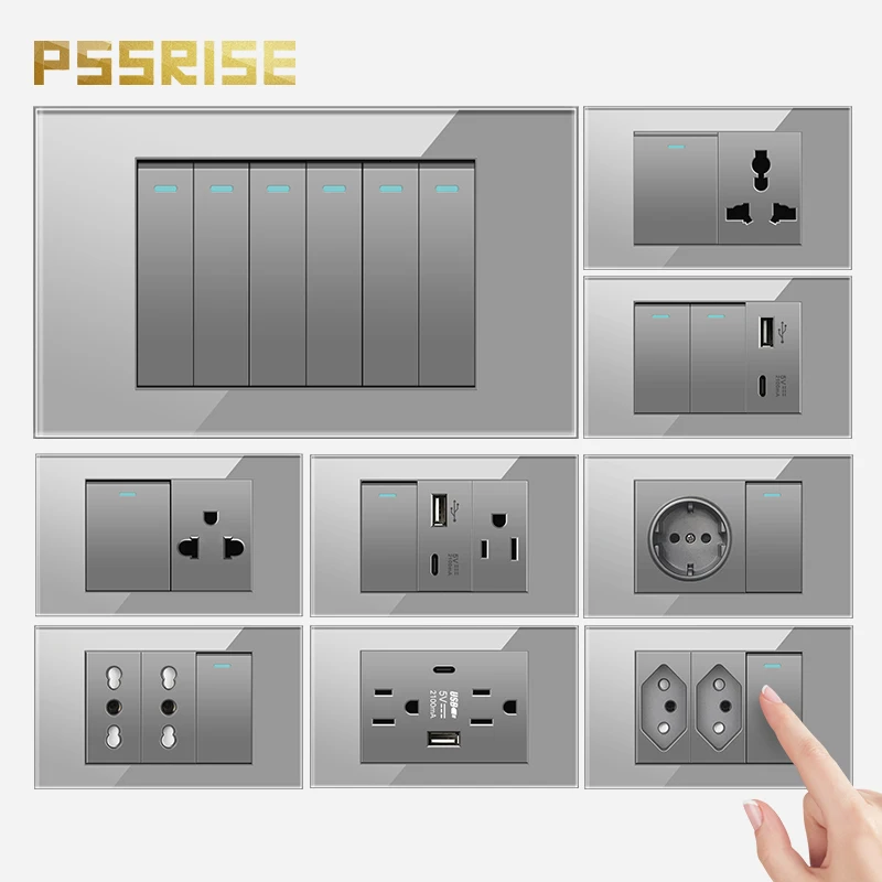 

PSSRISE Grey US Thai UN Wall Switch Socket with 2.1A USB Type-c Charger Tempered Glass Panel Light Switch Power Outlet 118*74mm