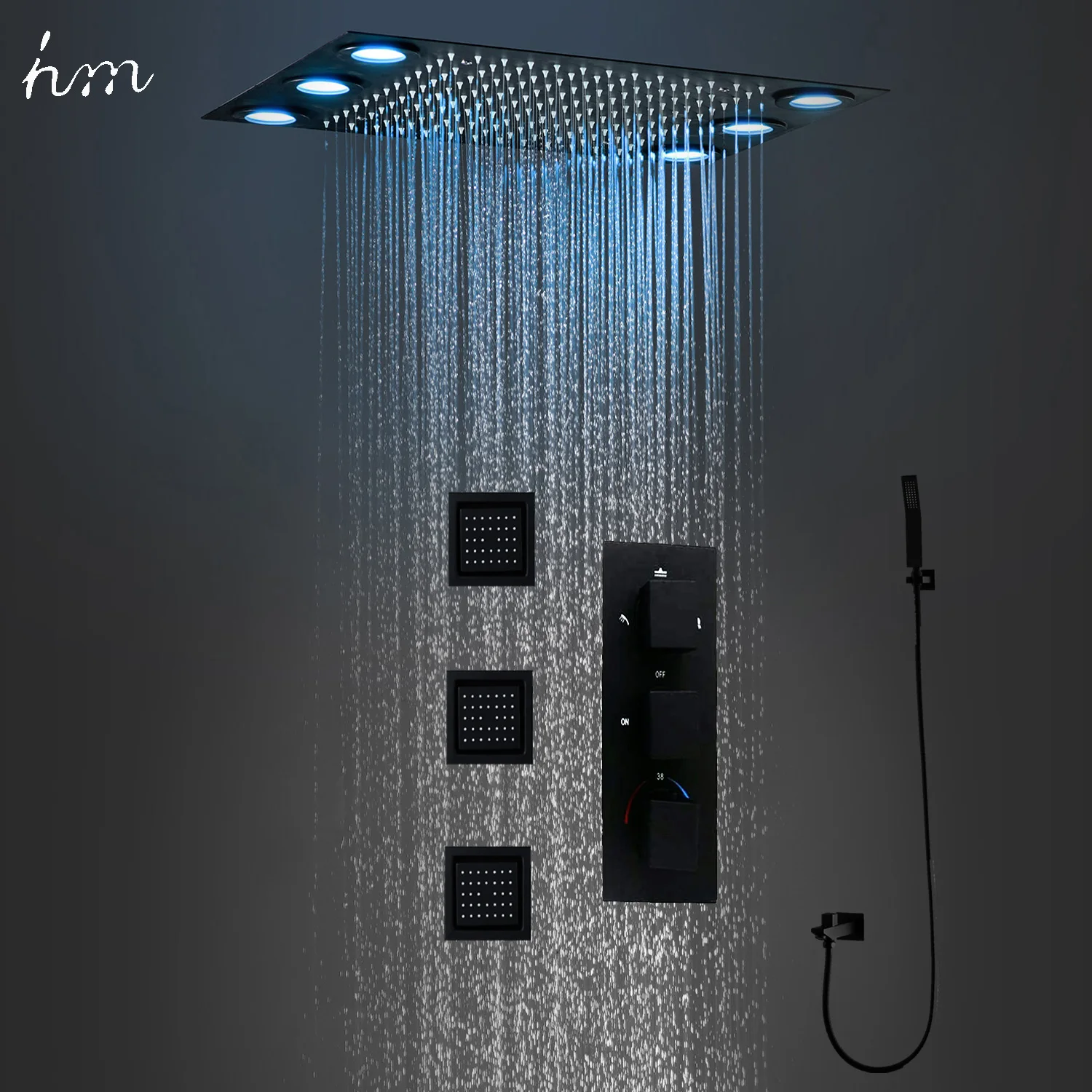 hm High Quality LED Shower System Set Embedded Ceiling Rain Shower Head Bathroom Thermostatic Mixer Black Faucets With Side Jets