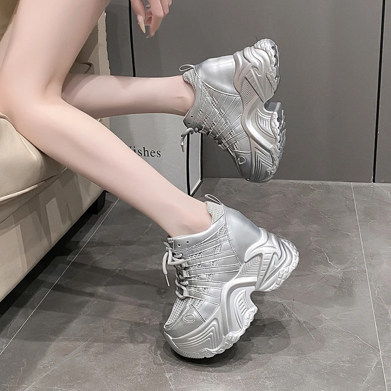 2024 Spring Autumn Chunky Sneakers Women Bling Platform Sports Shoes Woman Goth Thick Bottom High Heels Female Leather Sneakers