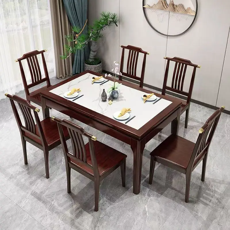 Rectangle household new Chinese dining table household solid wood rock slab dining chair combination household living room