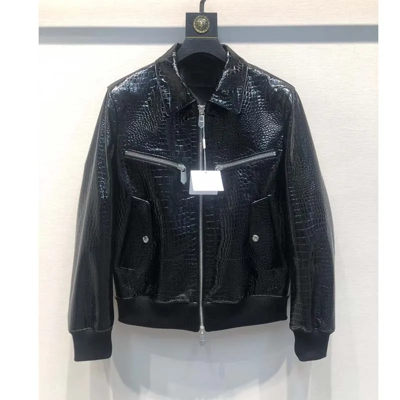 Men Coat Spring Sheepskin Jacket Short Length New Fashion Turn-Down Collar Moto & Biker Style Imitation Crocodile Skin