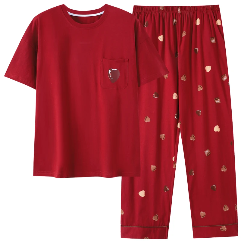 Newest Summer Women Pajamas Set Ladies 100% Cotton Sleepwear Female Short Top+Long Pant Solid Pyjamas image 3