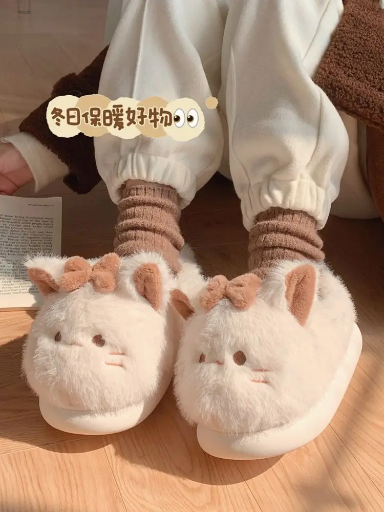 

Home slippers winter for women cute kitty fluffy shoes warm slip-on fur clogs girls lovely cat slipper with bow-tie