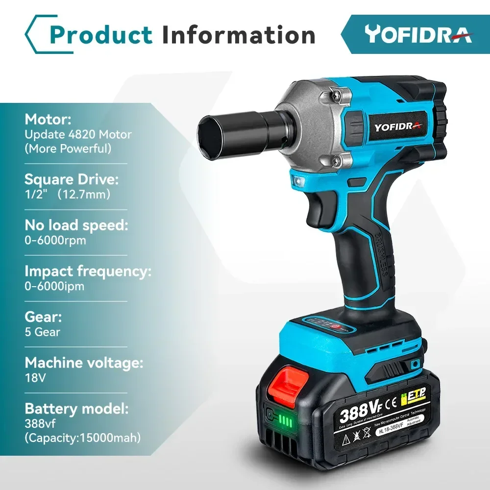 Yofidra-llave de impacto eléctrica sin escobillas, 1000N.m, inalámbrica, 3 engranajes, 1/2 pulgadas, herramientas eléctricas de impacto de alto par