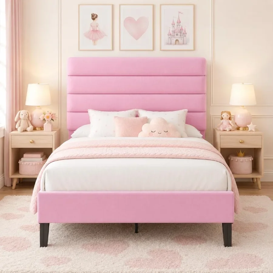 Bed Frame with Velvet Upholstered Headboard, Platform Bed No Box Spring Needed, Wood Slats Metal Frame 600 lbs Support, Noise-F
