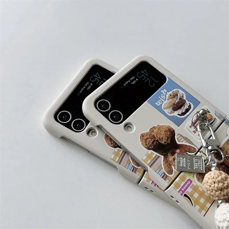곰 인형 체인 휴대폰 케이스, 삼성 갤럭시 Z 플립 6 5 4 3 용 보호 후면 커버, ZFlip4 ZFlip5 ZFlip6 케이스 쉘