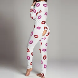 Pyjama à rabat bout à bout et col en V pour femme, vêtements de nuit à manches longues, barboteuse pour adulte, costume de batterie sexy, combinaison globale, pyjama Saint Valentin, 1 pièce