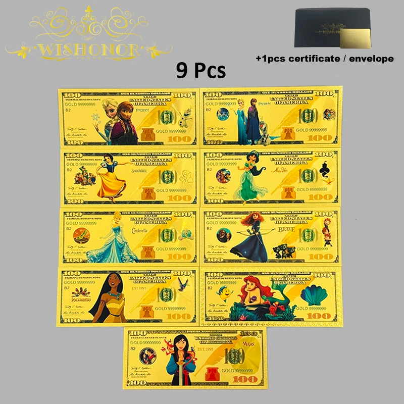 Miniso Disney 15 نوعًا من الأوراق النقدية الذهبية لـ Disney Princess Anime 100 دولار من الأوراق النقدية المزيفة للحرف الفنية للهدايا