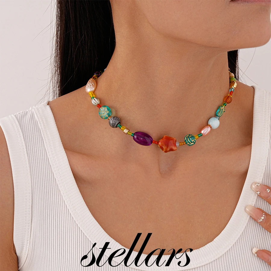 

Colorful Acrylic Ceramic Glass Bead Star-Shape Clavicle Necklace for Women Trendy High-End Dopamine-Boosting Jewelry