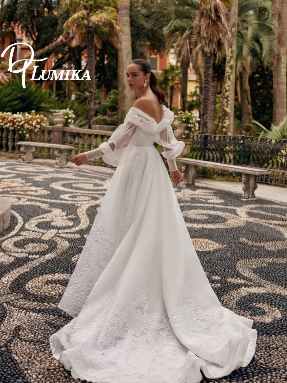 فستان زفاف متجدد الأكتاف وأكمام منتفخة 2026 فستان زفاف أنيق من الدانتيل الشفاف رومانسي على شكل حرف a بطول الأرض رداء D