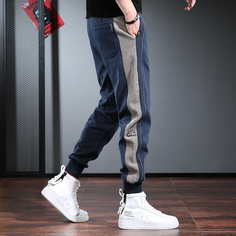 

Blue Casual Pants Men Baggy Sport Pencil Pants Autumn Streetwear Fashion Side Stripe Elastic Waist Joggers Trousers CP2017