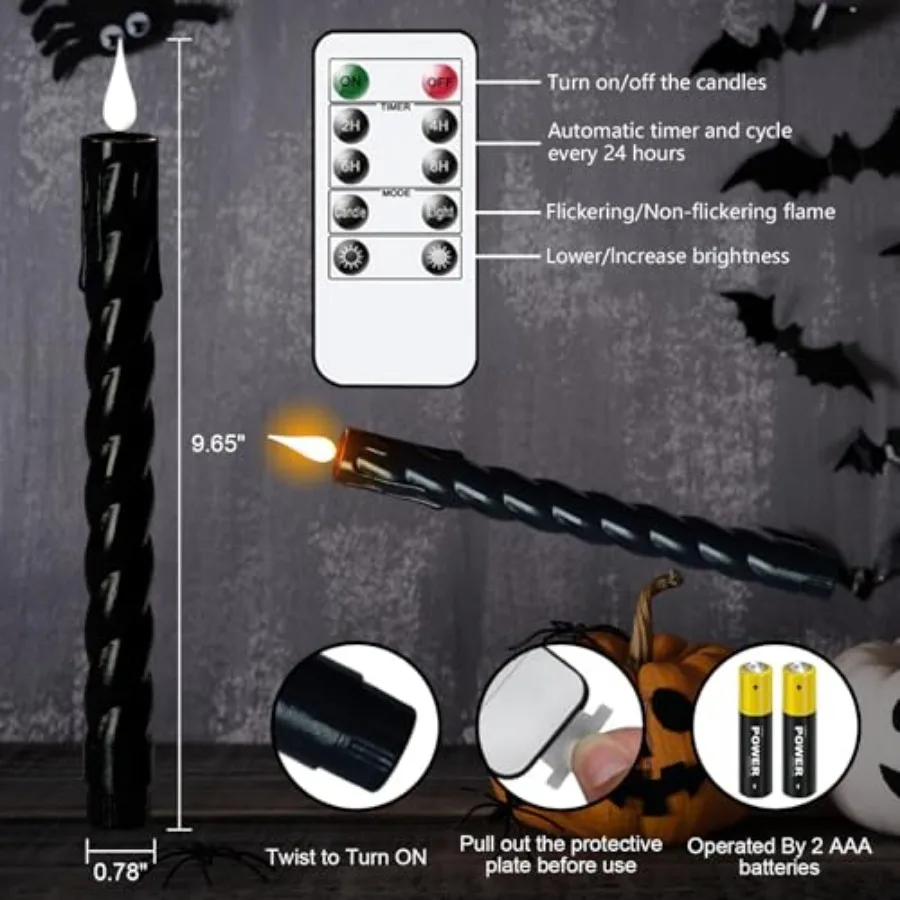 Plastic Flameless Taper Candles with Remote and Timer, Black Spiral Taper Candles Battery Operated Flickering Flame Lights Life