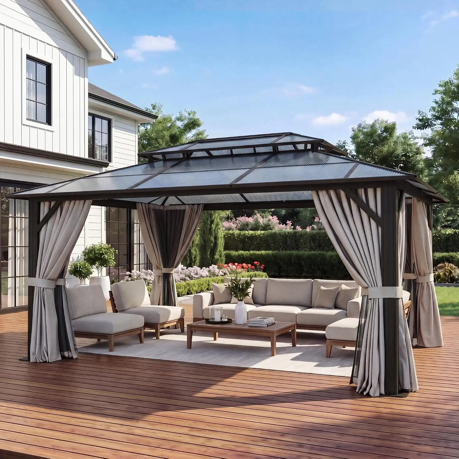 12’x14’ Hardtop Gazebo with Double Polycarbonate Roof Outdoor Metal Gazebo Sturdy Aluminum Frame & Removable, Customized