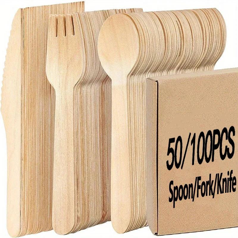 25/50PCS Disposable Wooden Tableware Party Picnic Disposable Wooden Tableware Wedding Decoration BBQ Christmas Business Party