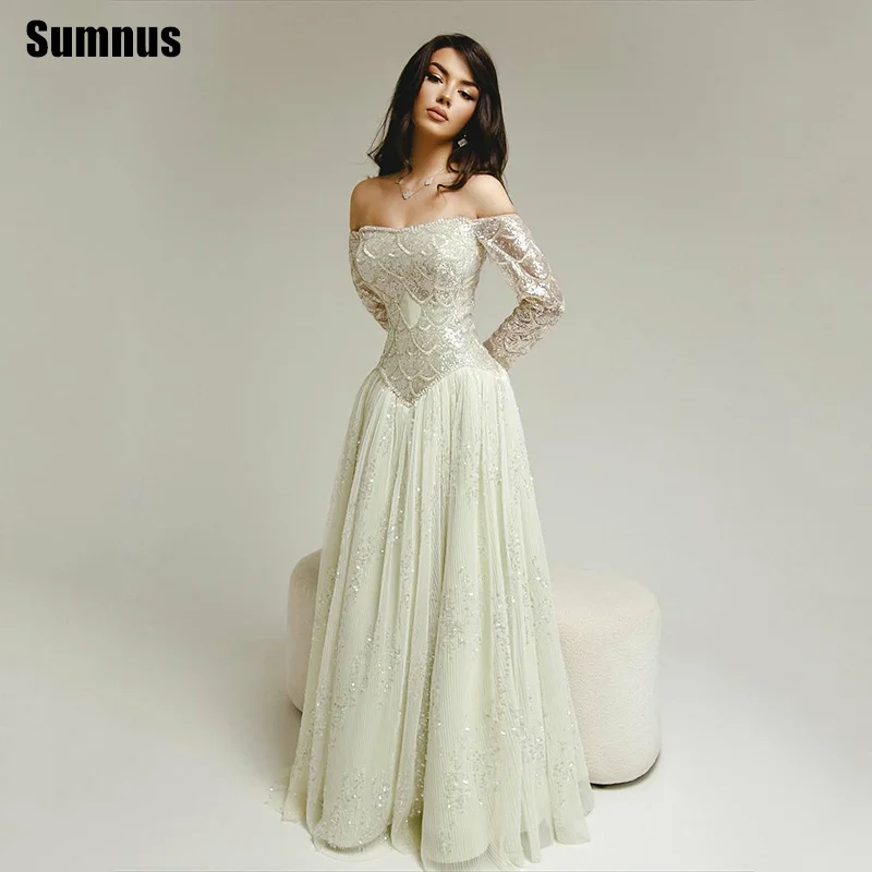 

Sumnus Modern A-Line Prom Dress Long Sleeves Off Shoulder Beading Sequined Evening Dress Gala فساتين سهرة Customized