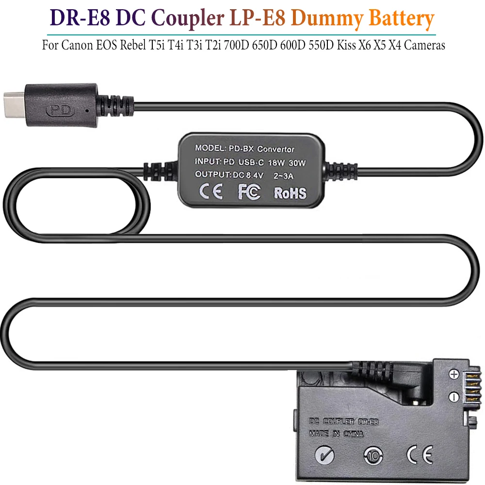 

DR-E8 DC Coupler LP-E8 Dummy Battery USB-C Cable PD Adapter Kit for Canon EOS Rebel T5i T4i T3i T2i 700D 650D 600D 550D Kiss X6